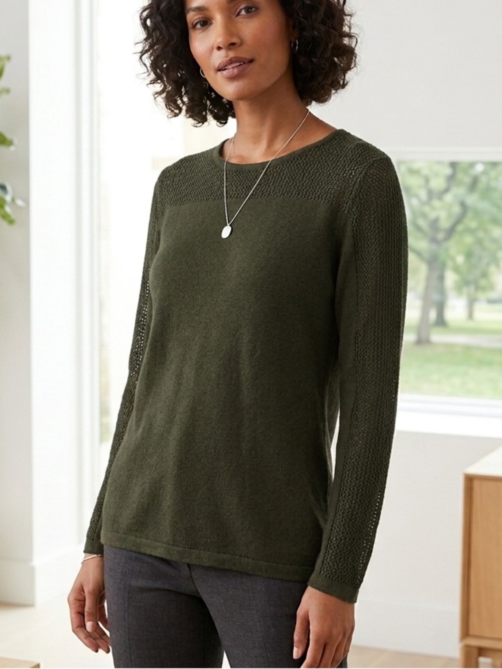Eileen Fisher 100% Wool Lightweight Knit Sweater Army Green Mesh Detail Size M